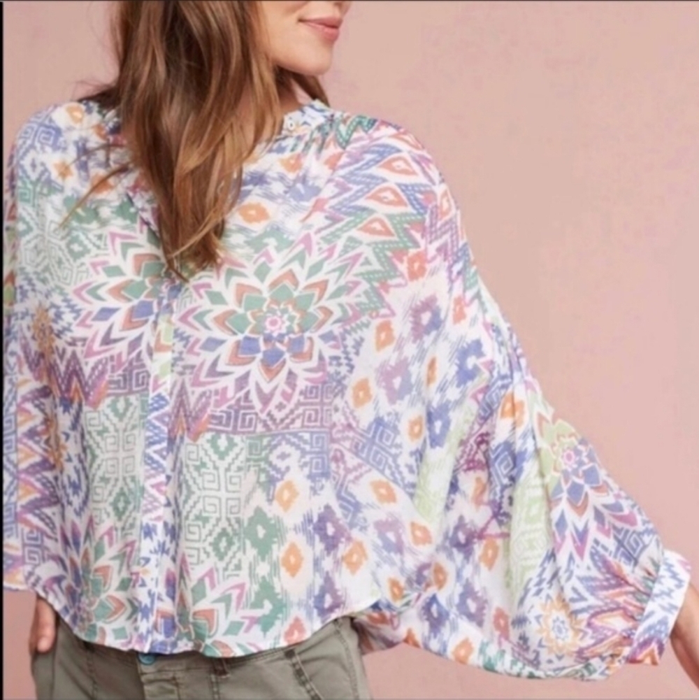 Maeve Brynna Dolman Sleeve Boxy Swing Peasant Top XS Southwest Geometric